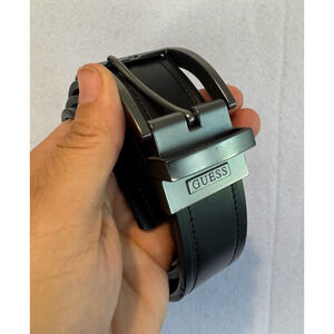 Guess Reversible Belt Black Brown Mens Sz L 38-40 Faux Leather Silver Buckle